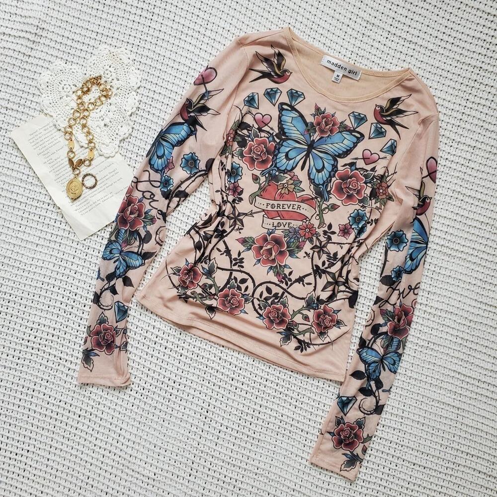 Madden girl micromesh tattoo graphic long sleeve top
